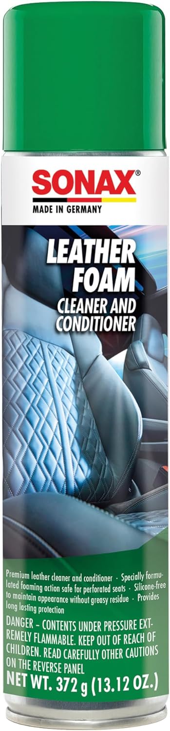 SONAX Leather Foam 289300 | 2 in 1 Aerosol Leather Cleaner and Conditioner | Safe to Use on Perforated Air Conditioned/Heated Seats | UV Protection