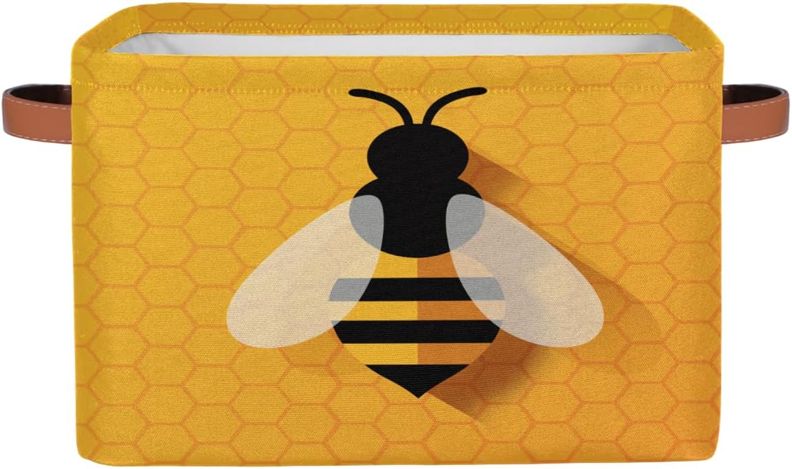 Cute Bee Square Storage Basket Bin Canvas Fabric Compressible Organizer Basket with Handle for Bedroom Nursery Office, 1PCS