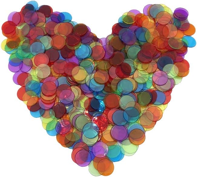 JUNWRROW 500 PCS 3/4 inch Transparent 6 Color Bingo Counting Chips with Bag