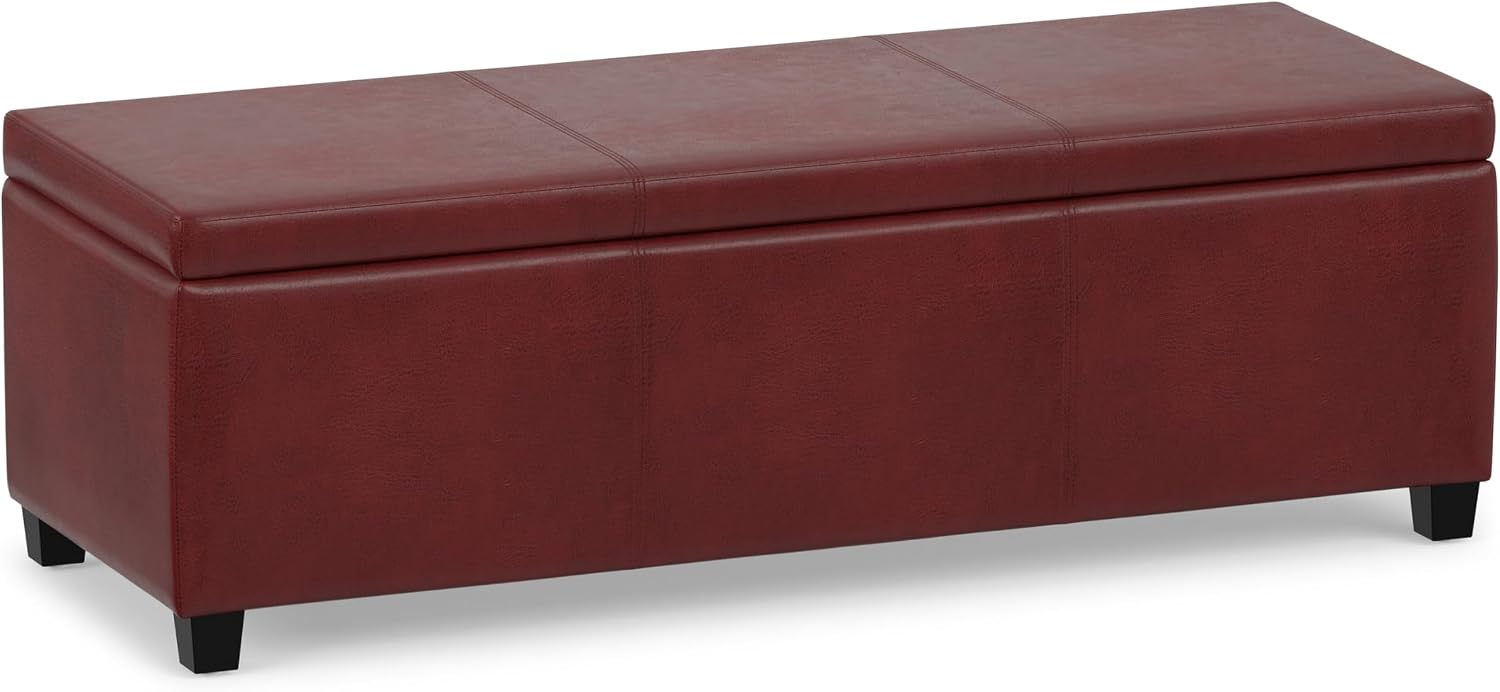 SIMPLIHOME Avalon 48" Wide Vegan Leather Storage Ottoman in Brown