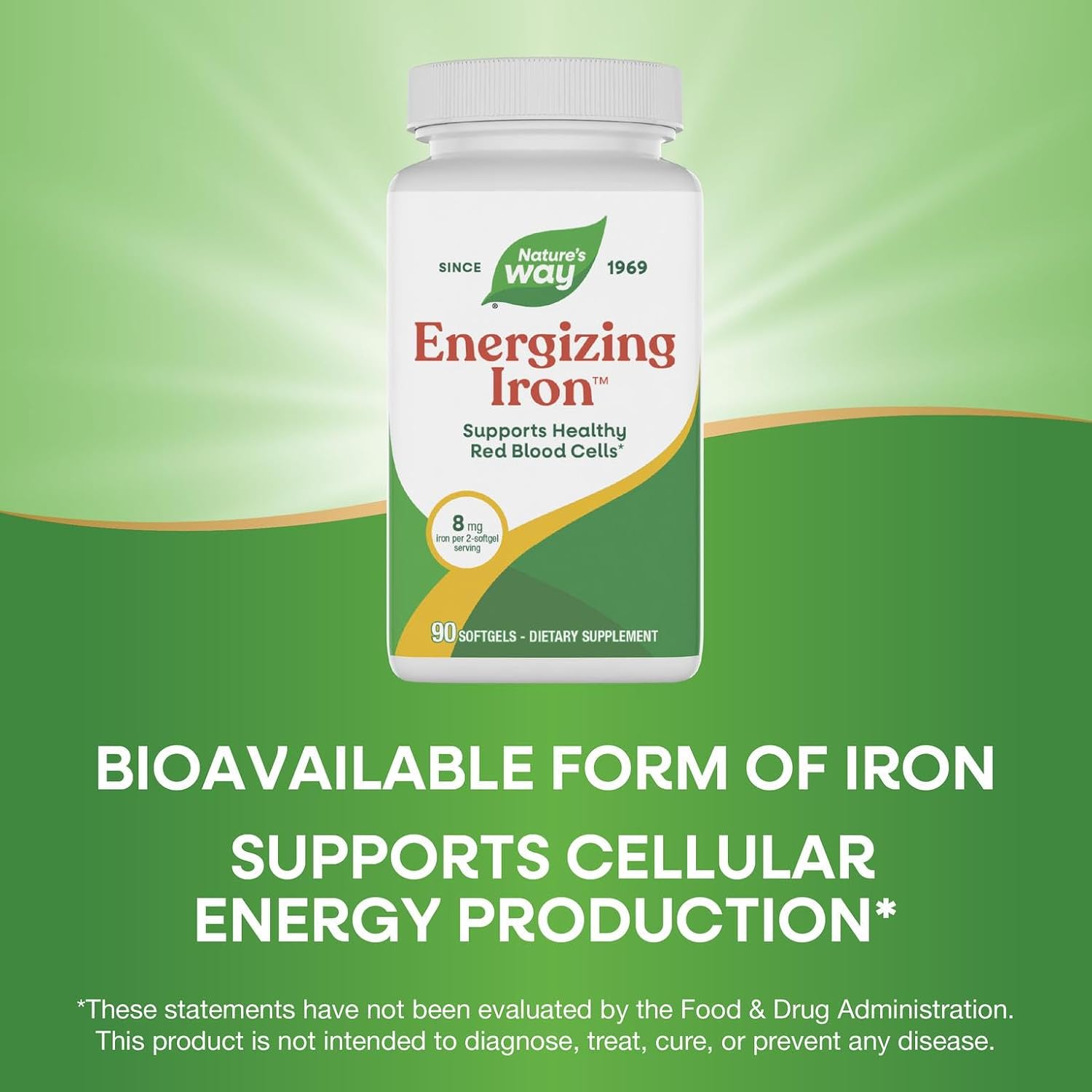 Nature's Way Energizing Iron, Supports Healthy Red Blood Cells*, 8 mg Iron & 200 mcg Vitamin B12 per 2-Softgel Serving, No Gluten