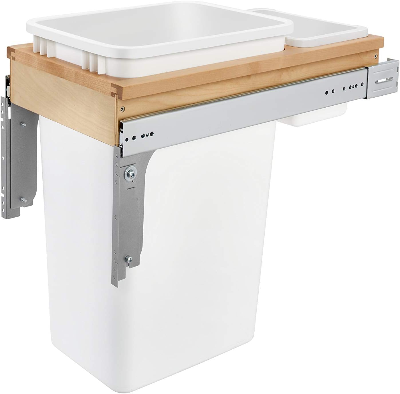 Rev-A-Shelf - 4WCTM-1550DM-1 - Single 50 Qt. Pull-Out Top Mount Wood and White Waste Container for 1-1/2 in. Face Frame Cabinet