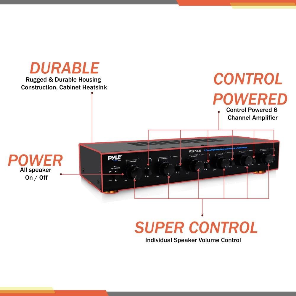 Pyle Premium New and Improved 6 Zone Channel Speaker Switch Selector Volume Control Switch Box Hub Distribution Box for Multi-Channel High Powered
