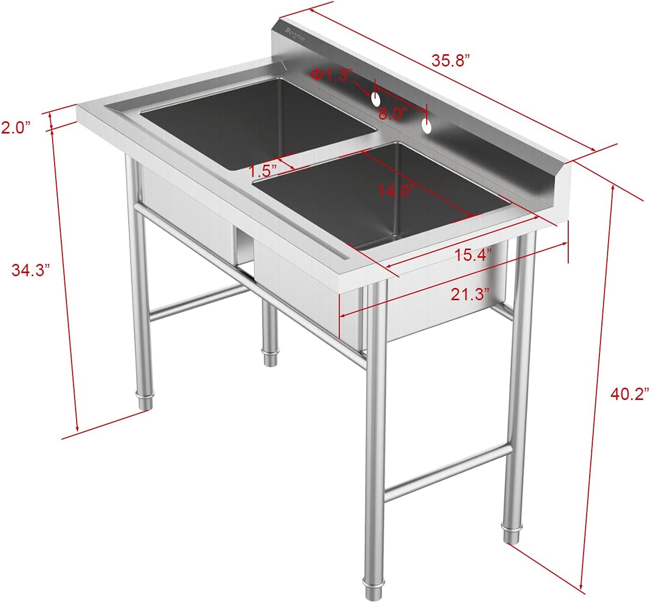 Bonnlo Commercial 304 Stainless Steel Sink 2 Compartment Free Standing Utility Sink for Garage, Restaurant, Kitchen, Laundry Room, Outdoor