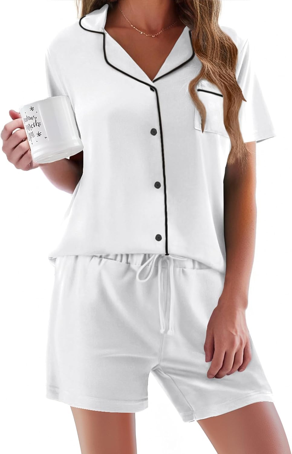 Ekouaer Pajamas Set for Women Short Sleeve Sleepwear Button Down Pj XS-XXXL | Summer 2 Piece Lounge Set, Soft Fabric, Drawstring Waistband, for Bridesmaid Bride Party, Plus Size, Petite, Cute Pattern