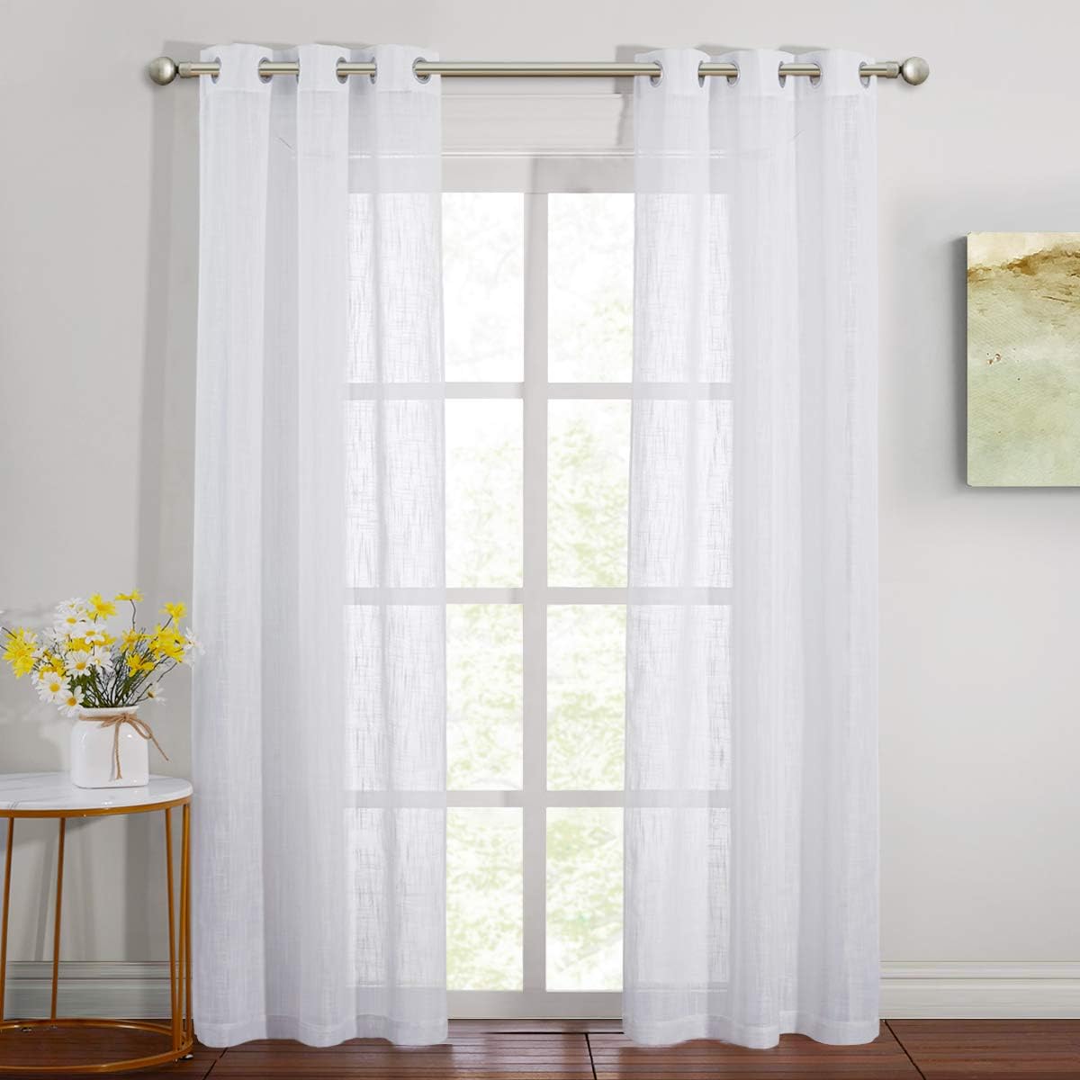 NICETOWN Linen Curtains White Semi Sheer 72 inch Long for Windows, Privacy with Light Filtering Grommet Top Window Treatments for Bedroom/Living Room