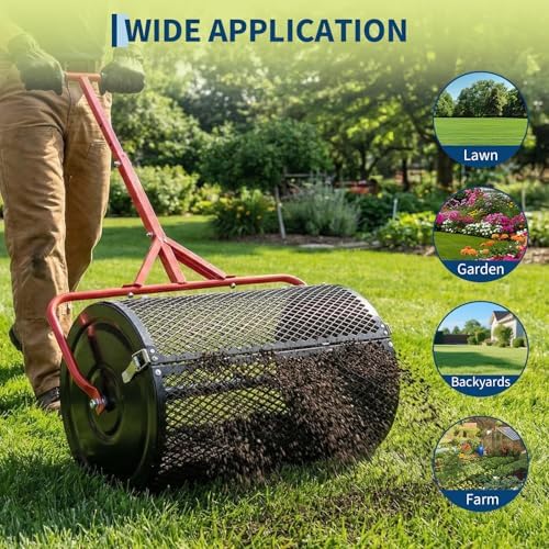 24 Inch Compost Spreader, Metal Mesh Roller Peat Moss Spreader with Adjustable T-Handle, Powder-Coated Lawn Seeder for Topsoil, Grass Seed