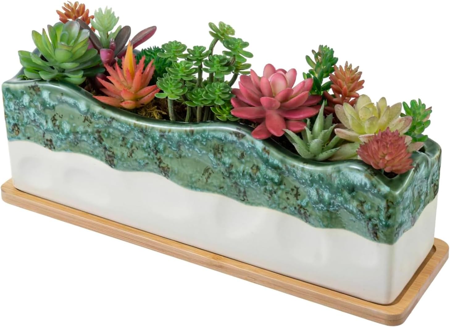 MyGift Beige Green Ceramic Glazed Rectangular Succulent Planter Pot