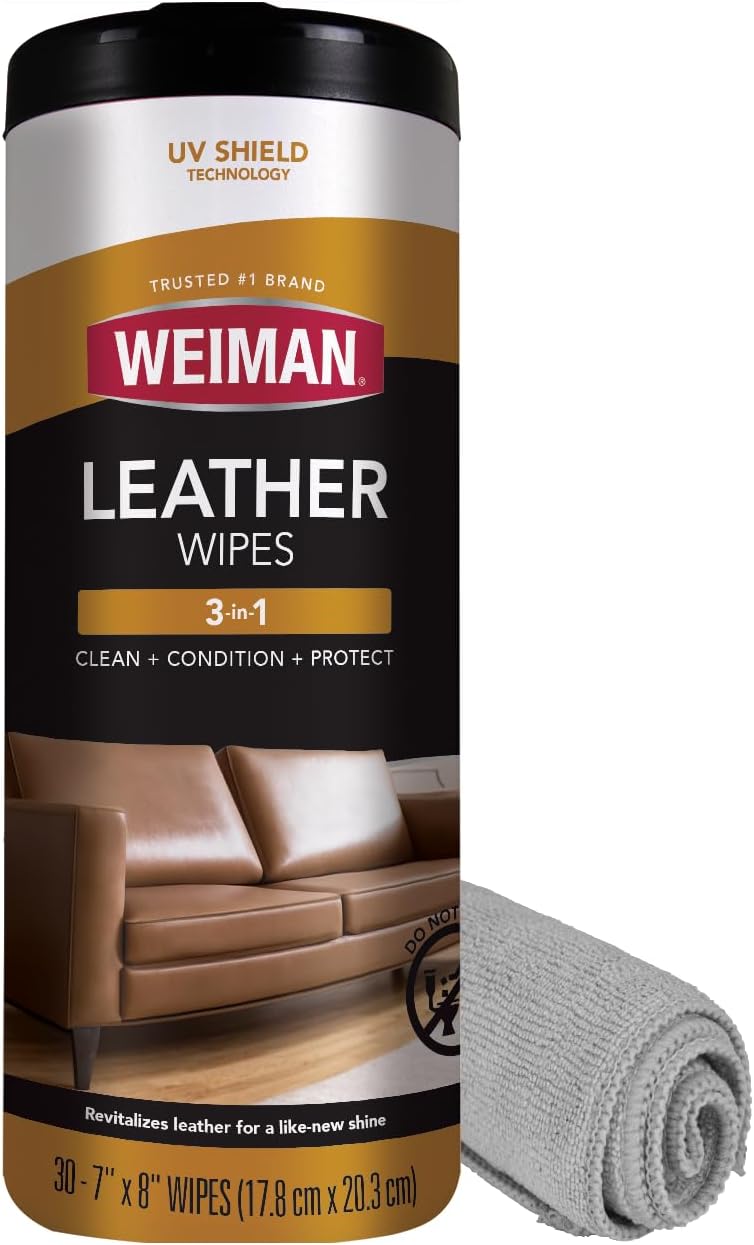 Weiman Leather Cleaner Kit Leather Wipes (30 Count) and Microfiber Cloth - Clean and Condition Car Seats and Interior, Shoes