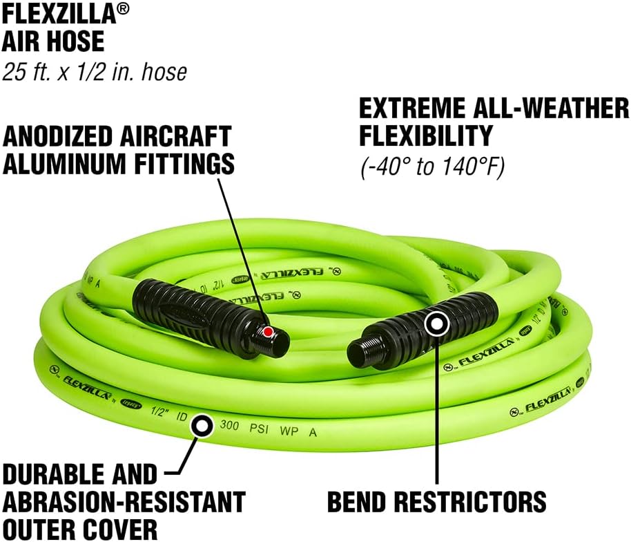 Flexzilla Air Hose, 3/8 in. x 50 ft., 3/8 in. MNPT Fittings, Heavy Duty, Lightweight, Hybrid, ZillaGreen - HFZ3850YW3