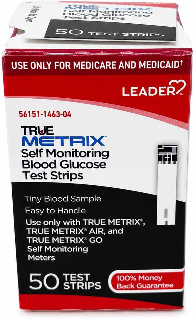 LEADER True Metrix Blood Glucose Test Strips for Diabetes, Tiny Blood Sample, Self-Monitoring, Triple Sense Technology, for Adults and Kids 12+