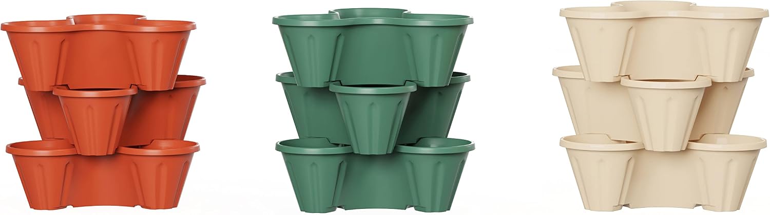 Set of 3 Stacking Planter Tower - 3-Tier Space Saving Flower Pots - Indoor/Outdoor Vertical Herb and Vegetable Planter by Pure Garden (Hunter Green)