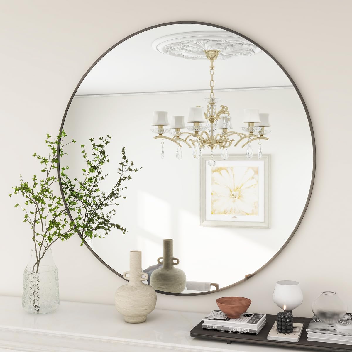 BEAUTYPEAK 24 Inch Round Mirror, Metal Frame Circle Mirror, White