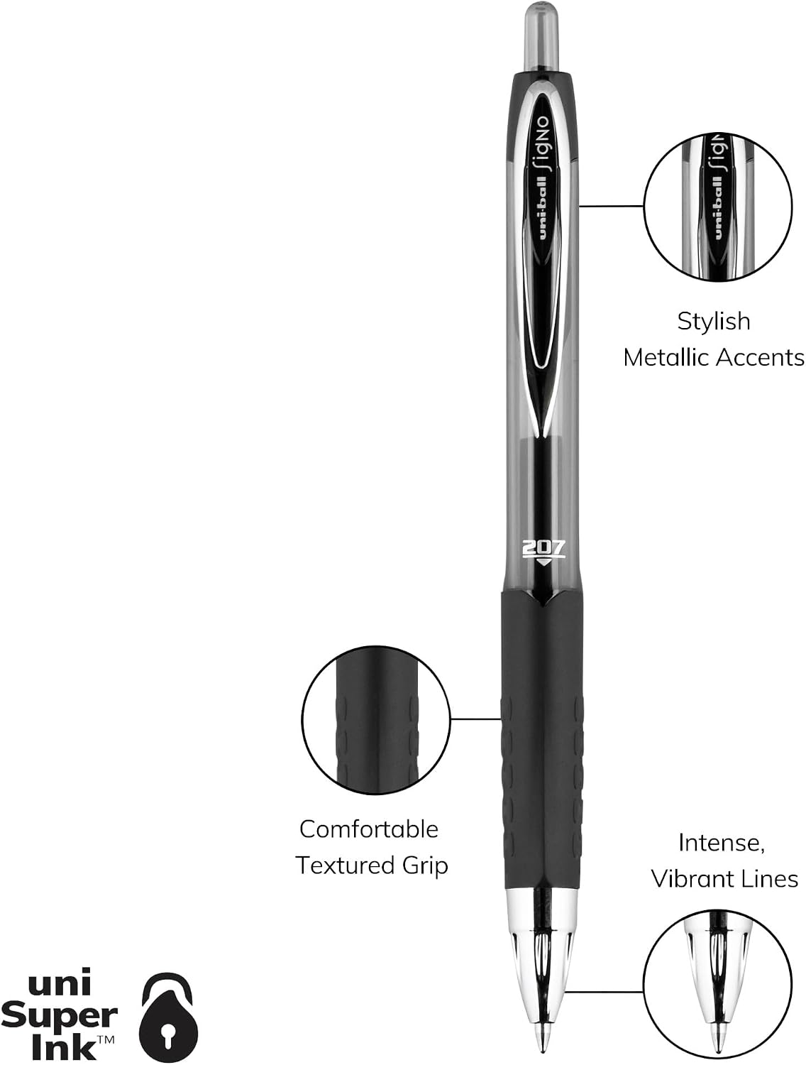 uniball™ 207 Gel Pens, Black Ink, 0.7mm Medium Point, Retractable, 12 Count | Smooth Writing, Fraud-Resistant, uni Super Ink™