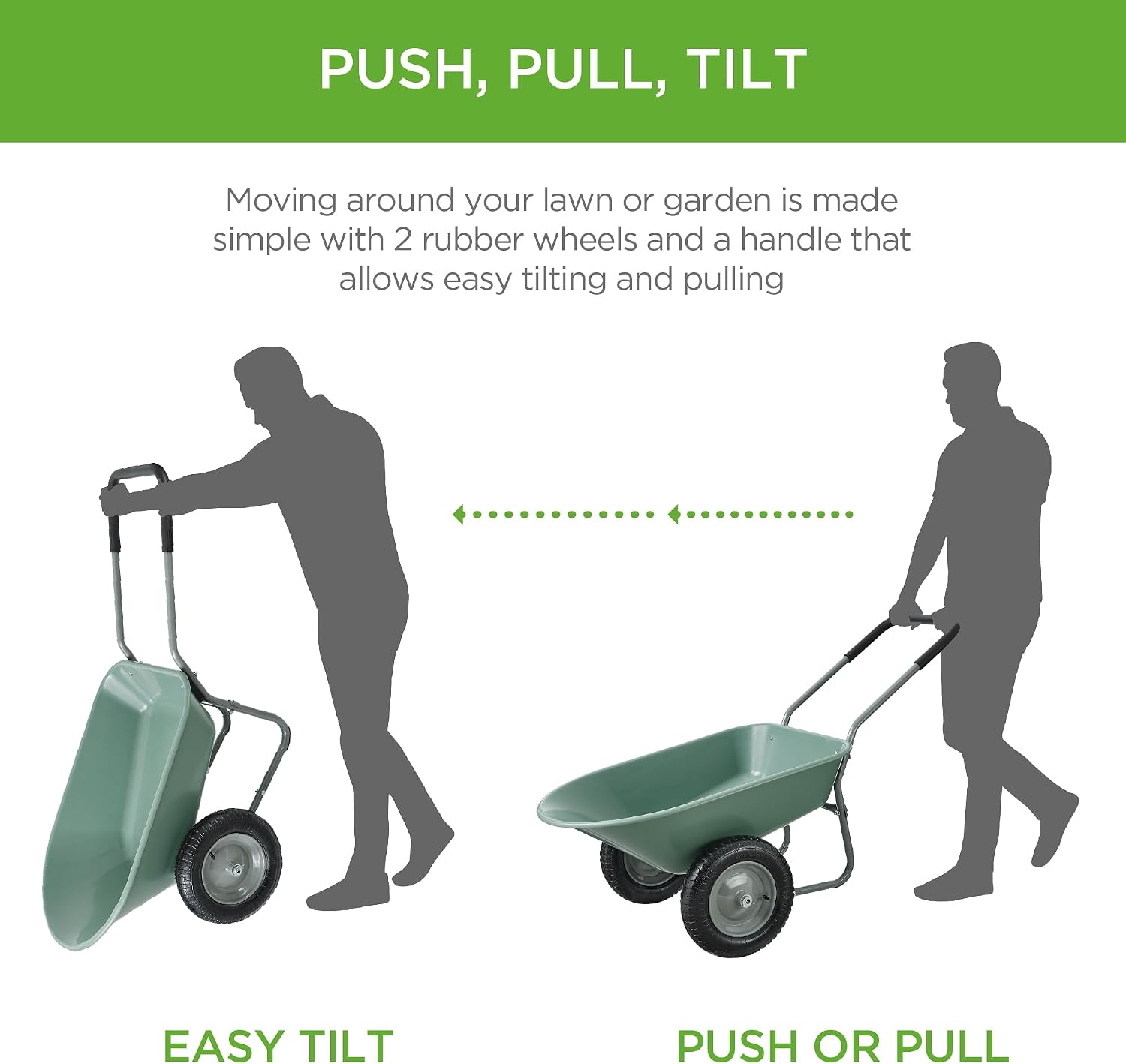 Best Choice Products Dual-Wheel Home Utility Yard Wheelbarrow Garden Cart w/Built-in Stand for Lawn, Gardening, Construction - Green
