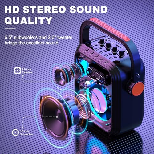 JYX Karaoke Machine with 2 Wireless Microphones, 5200mAh Portable Speaker Set Bluetooth 5.0 Rechargeable PA System with TWS, FM, REC