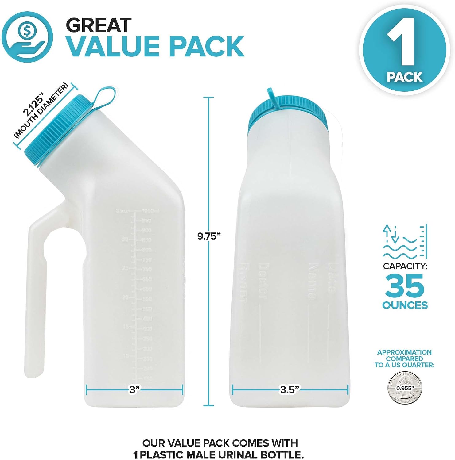 Male Urine Bottle (35 oz), Portable Urinals for Men Spill Proof Nighttime, Pee Bottles for Men with Screw-On Lid
