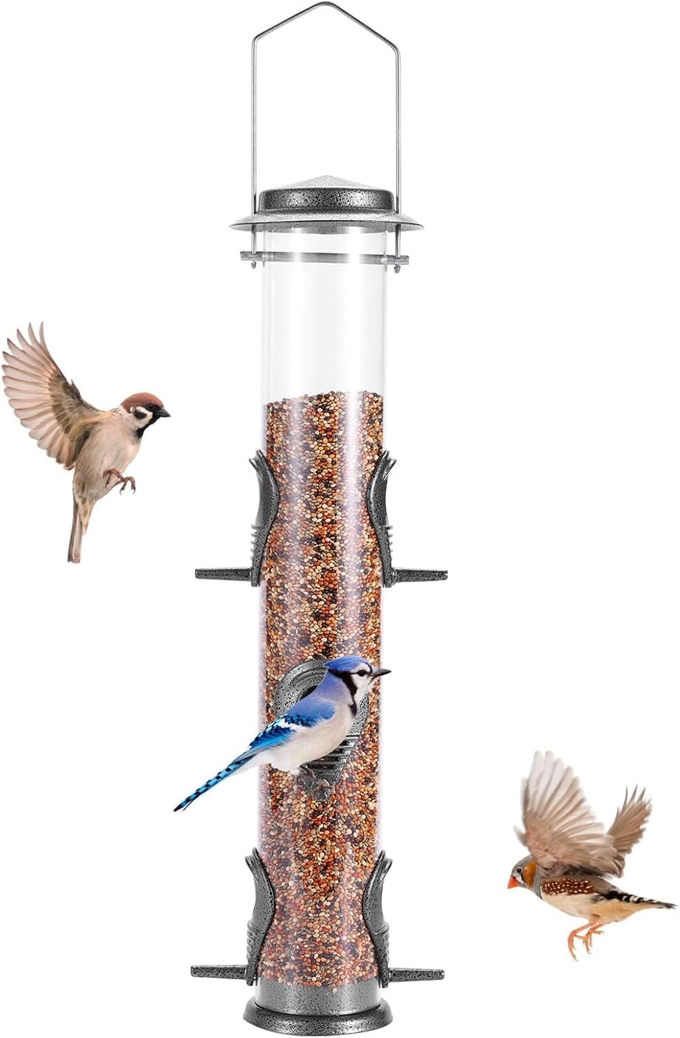 MIXXIDEA 1PK Metal Bird Feeders with 6 Feeding Ports, Tube Bird Feeder with Steel Hanger, Hard Plastic Wild Bird Feeder for Outdoors Hanging