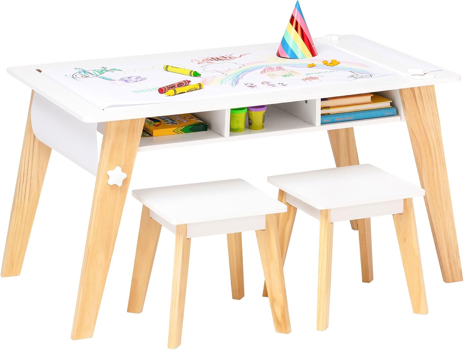 Wildkin Kids Arts & Crafts Table Set – Mid-Century Modern Design with 2 Stools, Storage Cubbies & Paper Roll - White