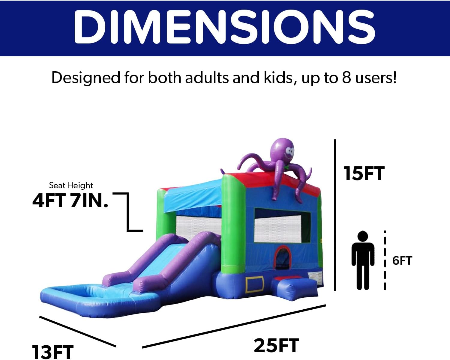 JumpOrange 25x13ft Octopus Commercial 15oz PVC Bouncer Slide Combo with Pool