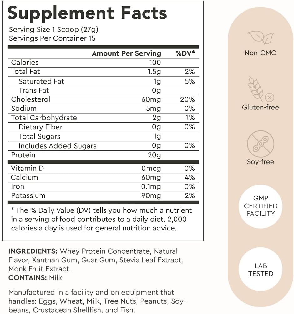 Alaya Naturals - Grass Fed Whey Protein Powder - Vanilla Flavor, All Natural, Hormone Free - 20g Protein per Serving - Non-GMO, rBGH Free