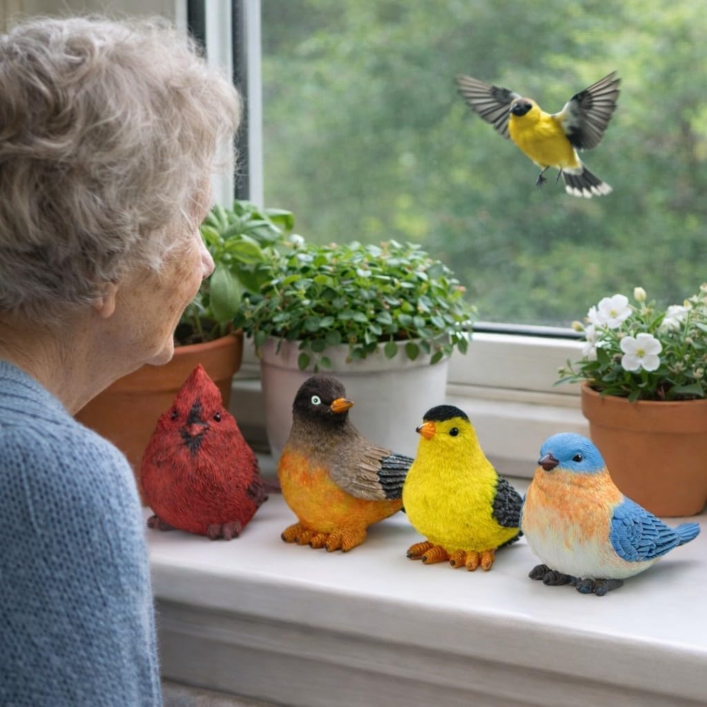 Songbird Garden Figurines Set of 4 – Cardinal, Bluebird, Goldfinch & Robin – Decorative Bird Statues for Home Décor, Spring Decorations, Crafting