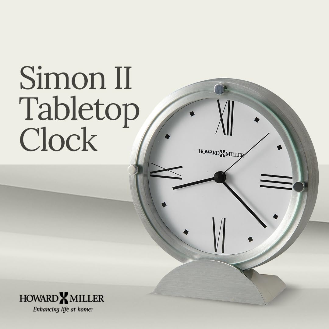 Howard Miller Simon II Tabletop Clock – Brushed Aluminum Finish, White Dial, Roman Numerals, Flat Glass Crystal, Interior Light