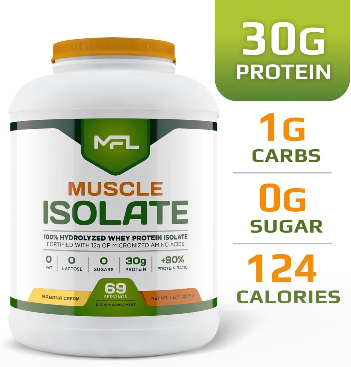 MFL 100% Isolate Protein l 30g of Protein l 12g Amino Acids l Keto Friendly l Low Carbs l 5 lbs. (Vanilla Bean)