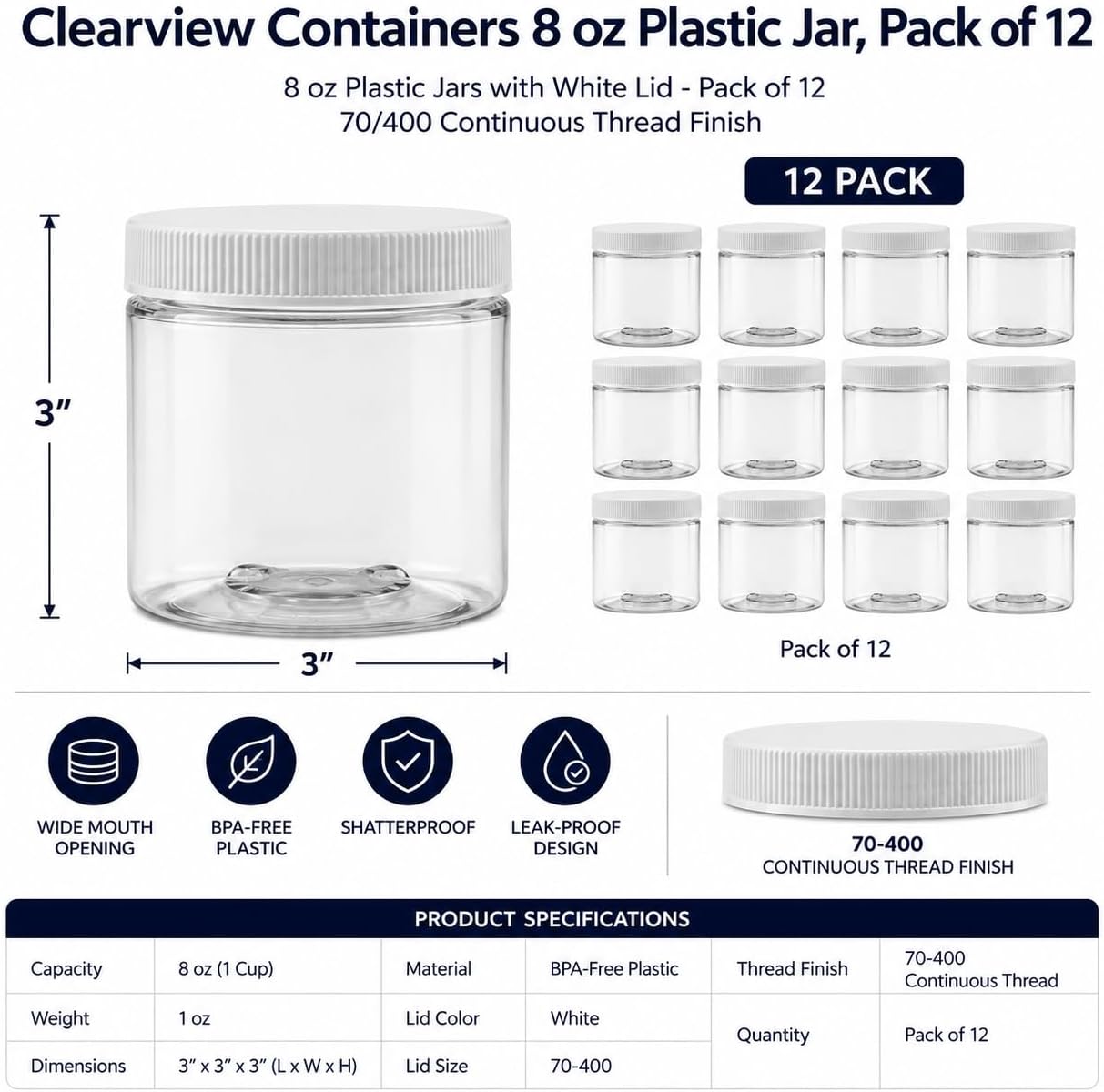 1 Pack - 128 oz (1 Gallon) Plastic Storage Jars with 110-400 Leak Proof Black Lids, Food Grade, BPA Free, Hand Wash Only (128oz, BLK, 1PK)
