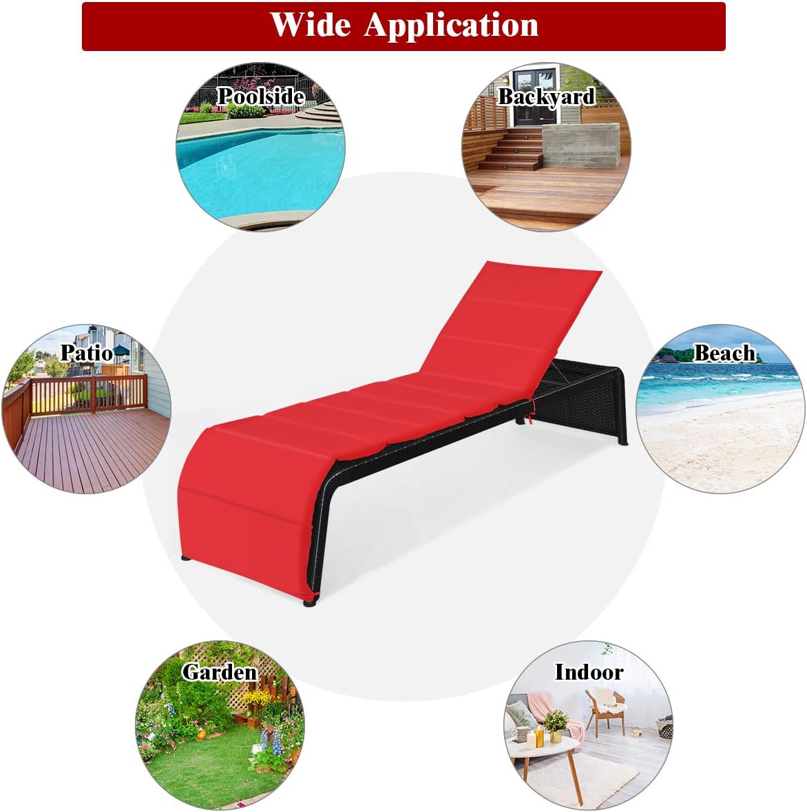 Tangkula Outdoor Chaise Lounge Chair, 5-Position Adjustable Rattan Recliner Chair w/Cushioned Seating and Adjustable Feet
