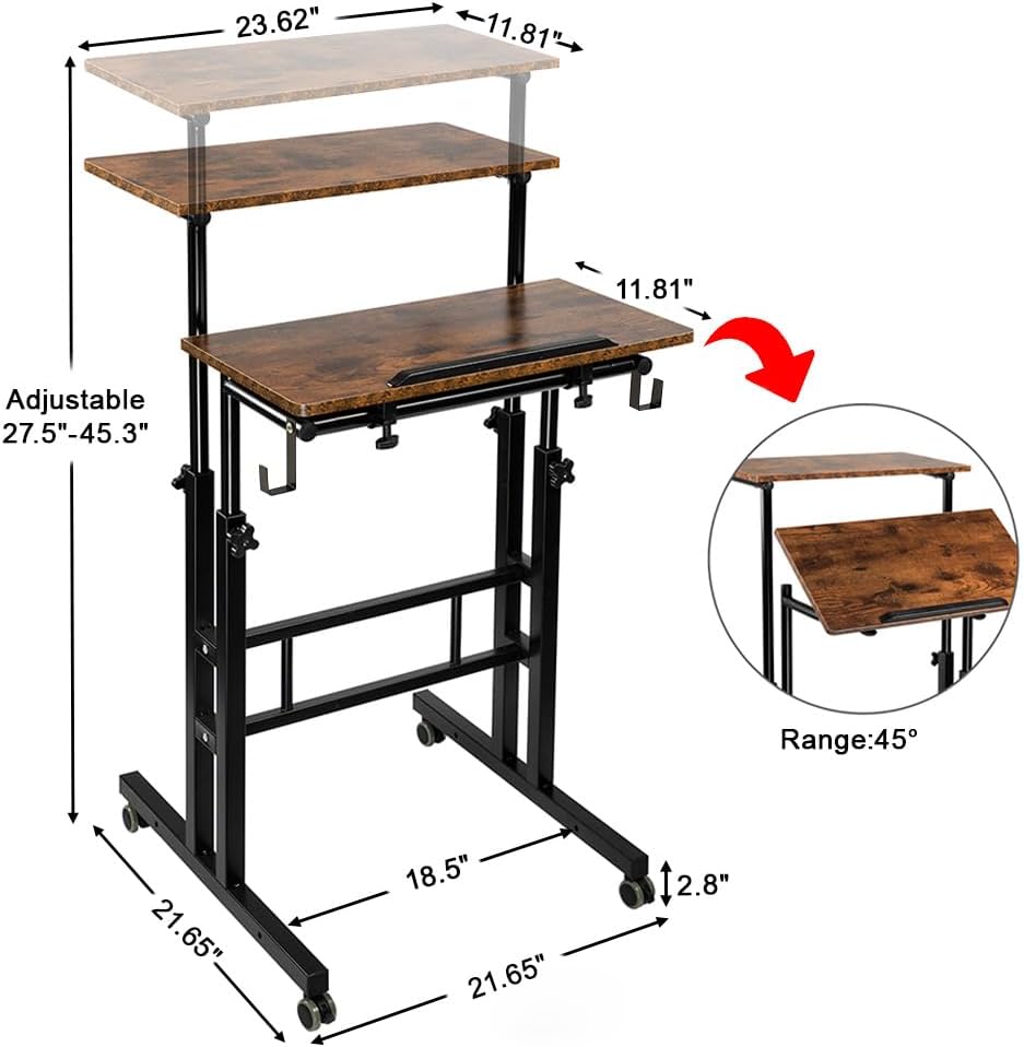 SIDUCAL Mobile Standing Desk, Portable Stand Up, Small Adjustable Converter with Wheels Home Office Workstation, Rolling Desk Laptop Cart for Standing or Sitting, Black