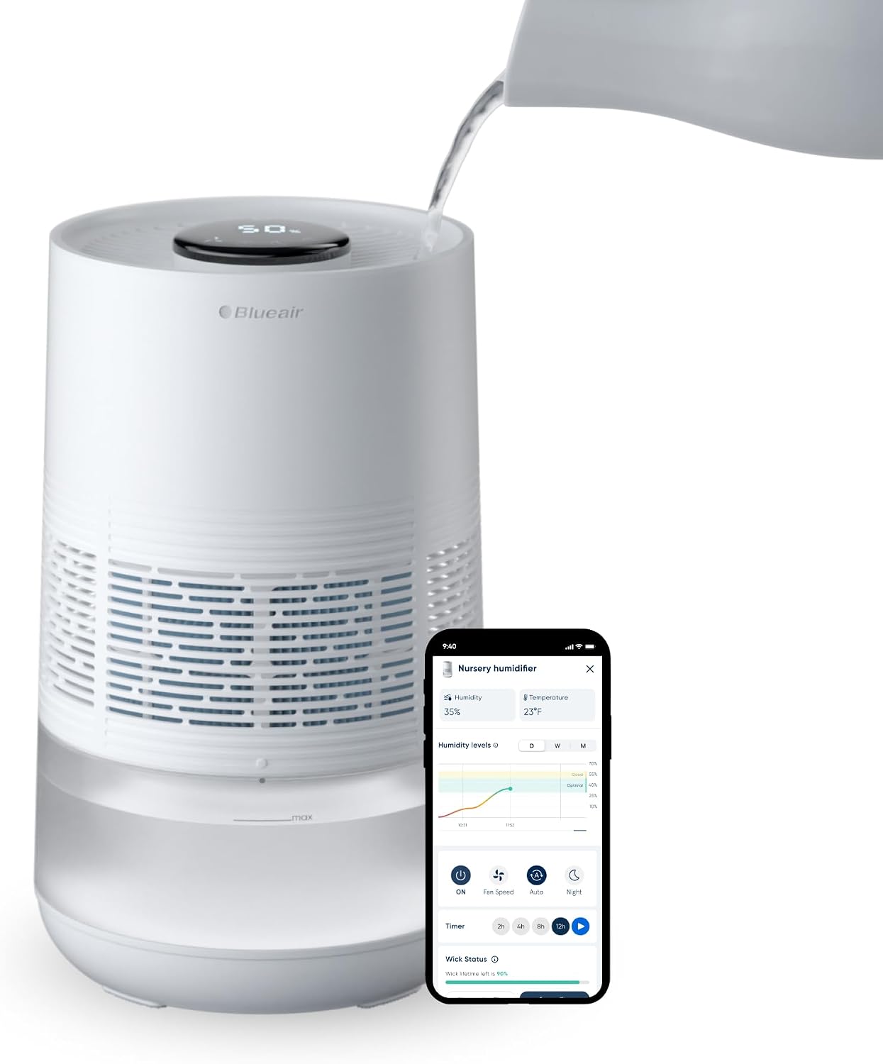 BLUEAIR Premium Smart Humidifier for Large Rooms, Bedrooms, Better Sleep with Evaporative Invisible Mist Tech, Auto Humidify, Easy Top Fill