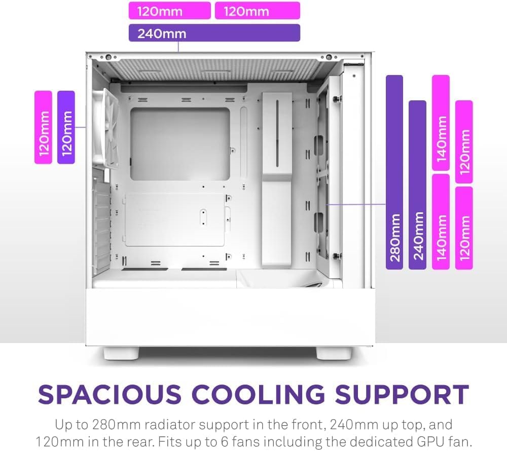 NZXT H5 Flow RGB - Compact ATX Mid-Tower PC Case - White | Compact mid-tower with included F360 RGB Core fans, 360mm radiator support, tempered glass. CAM-ready RGB out of the box.