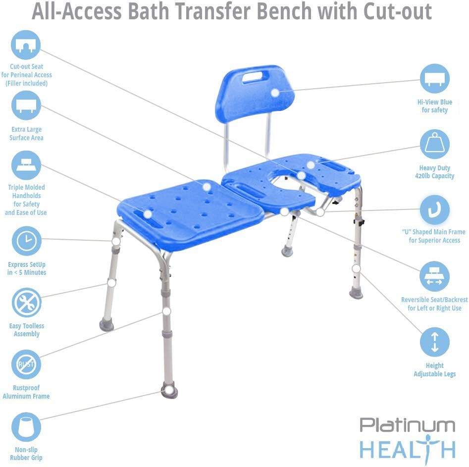 Tub Transfer Bench for Bathtub, All-Access Bath Bench with Cutout Seat | Slide Safely In & Out of the Tub - Blue, adjustable height, aluminum frame, cutout seat, extra-wide seat, cutout U-shape
