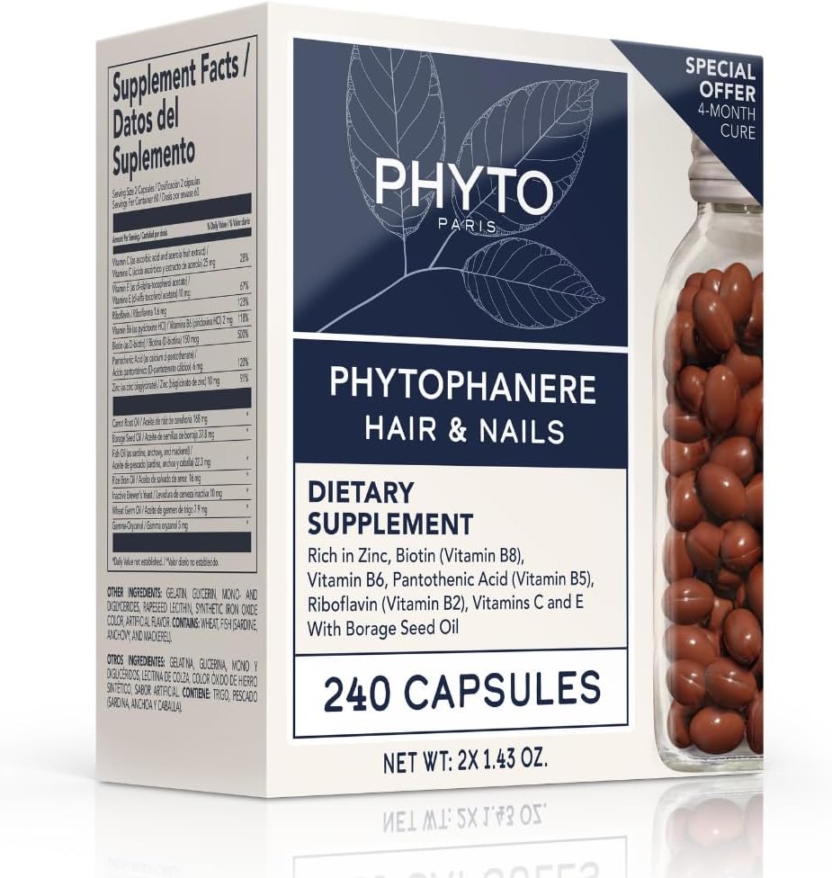 PHYTO Phytophanère Hair Growth Supplement for Women & Men - Biotin, Zinc & Vitamin B6 for Thicker, Stronger Hair & Nails - 120 Capsules, 2-Month Supply