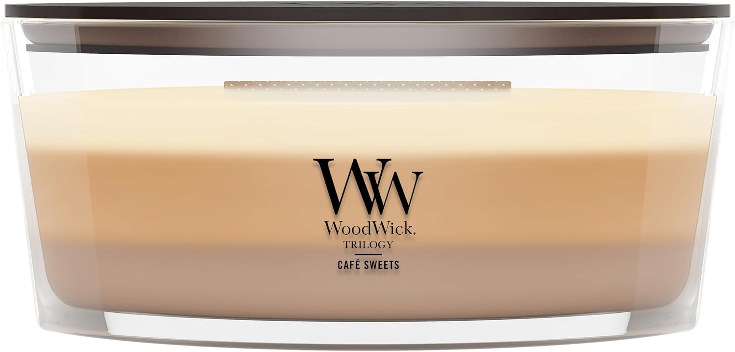 WoodWick Café Sweets Trilogy Holiday Candle Gifts for Women and Men, 9.7 oz Medium Hourglass Trilogy Candle with Crackling Wick