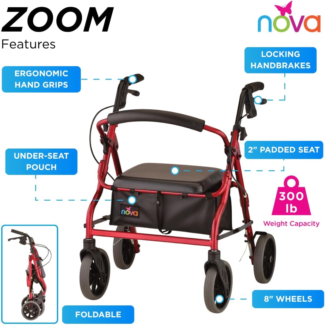 NOVA Zoom 22 Rollator Walker for Seniors, Rolling Walker with Locking Hand Brakes, Padded Seat & 8" Wheels, Lock N Load for Easy Transport & Storage, Adjustable Height 5'5"–6'1", Red