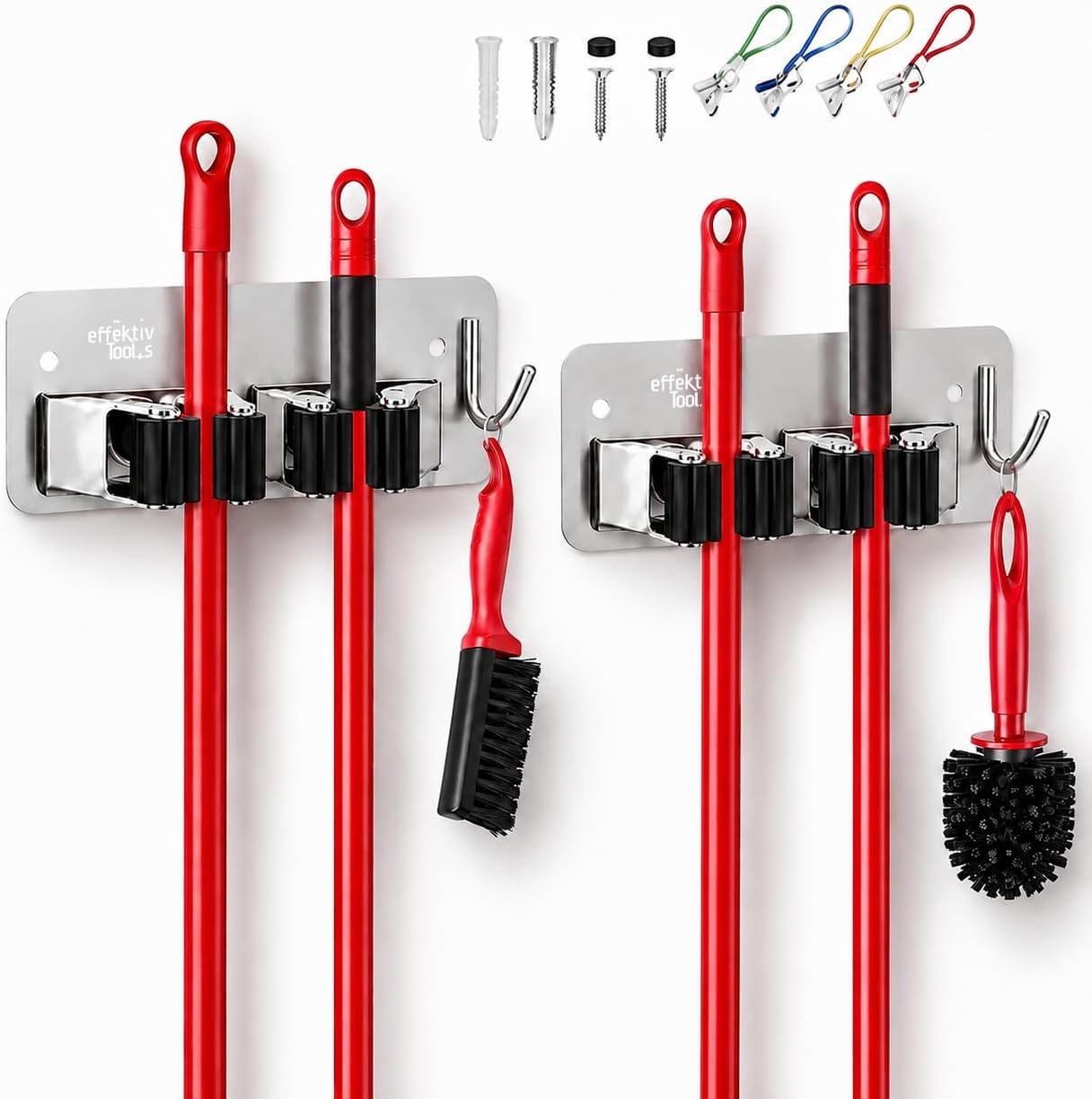 Wall Mount Hanger for Brooms & Mops - Adhesive Stainless Steel Mops & Broom Holder, 4 Clamps, 3 Hooks