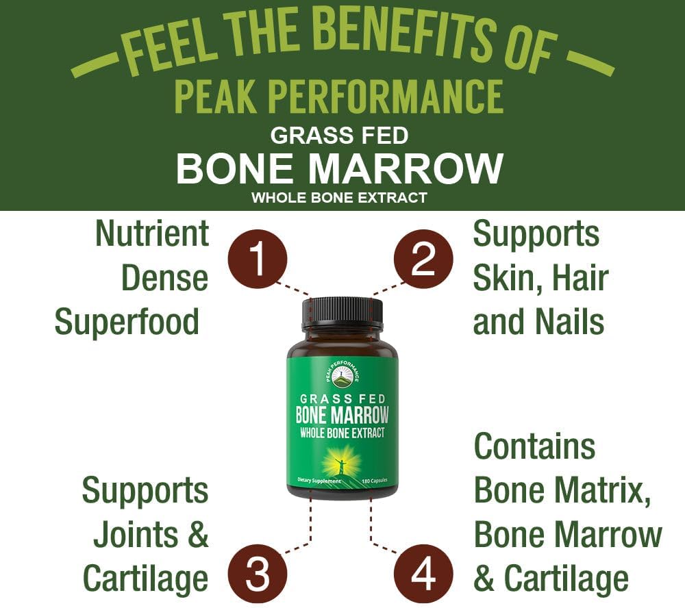 Peak Performance Grass Fed Bone Marrow Whole Extract Supplement 180 Capsule | Superfood Pills Rich in Collagen, Vitamins