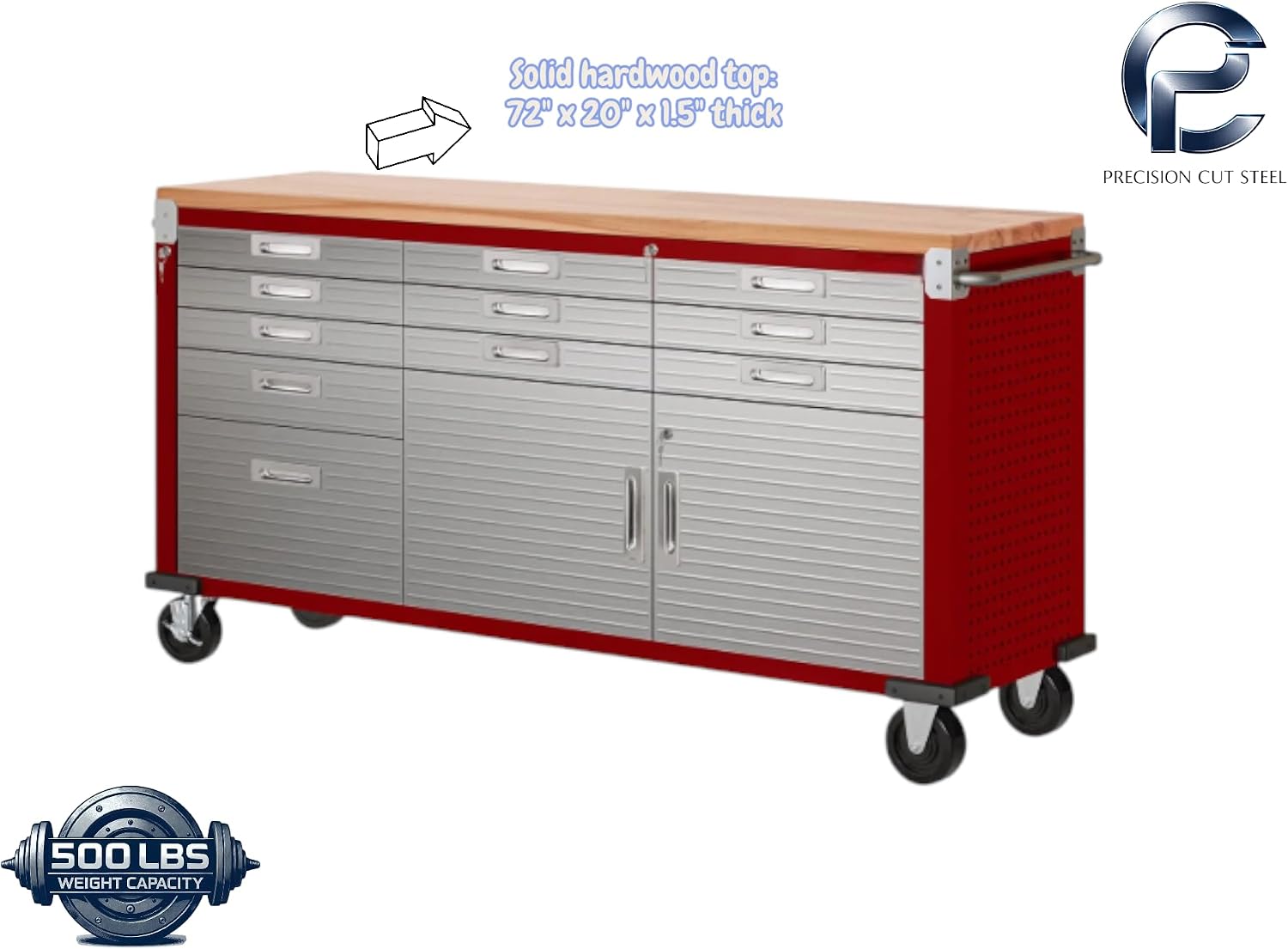 Heavy-Duty Rolling Workbench with Drawers and Cabinet, 77" W x 20" D x 37.5" H, (Red, 11 Drawer)