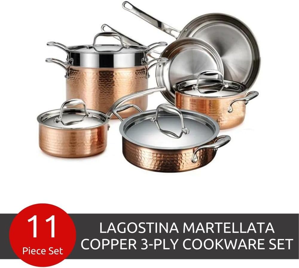 Lagostina Martellata Tri-ply Hammered Copper 11 PC Pots and Pans Cookware Set, Copper