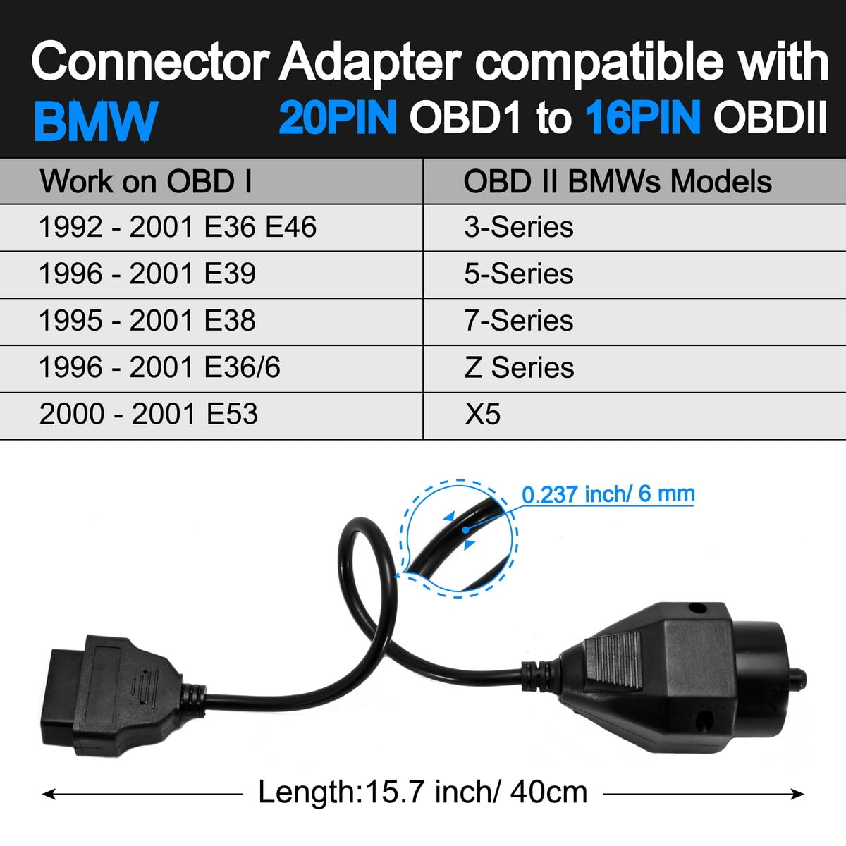 OBD OBD2 16 Pin Connector Diagnostic Adapter Cable Compatible for BMW 20 Pin