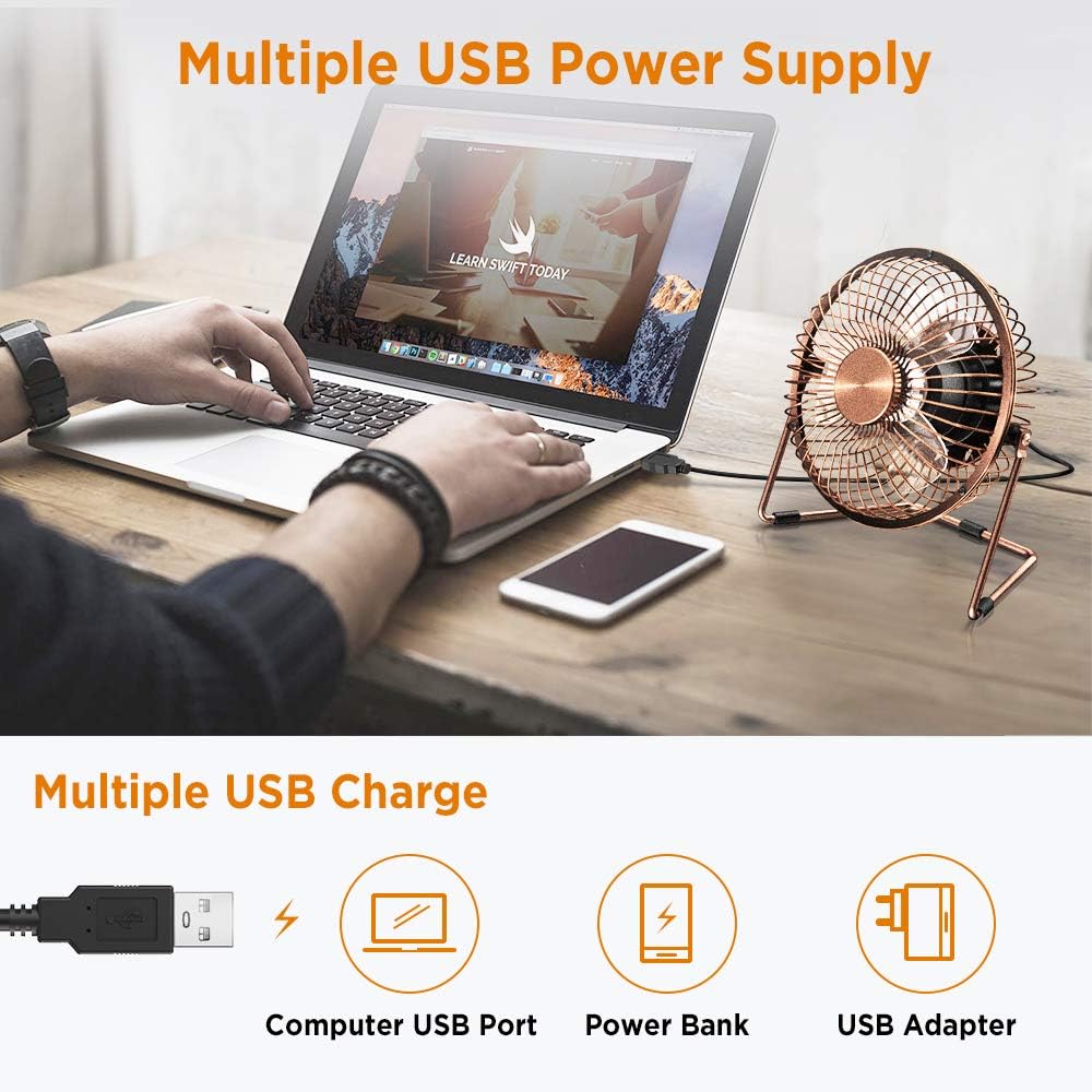EasyAcc 9 Inch USB Desk Fan Ultra-quiet USB Powered 360° Rotation Desktop Fan with Metal Frame, Portable Personal Cooling Fan with 2 Speed for Home Office (USB POWERED ONLY)
