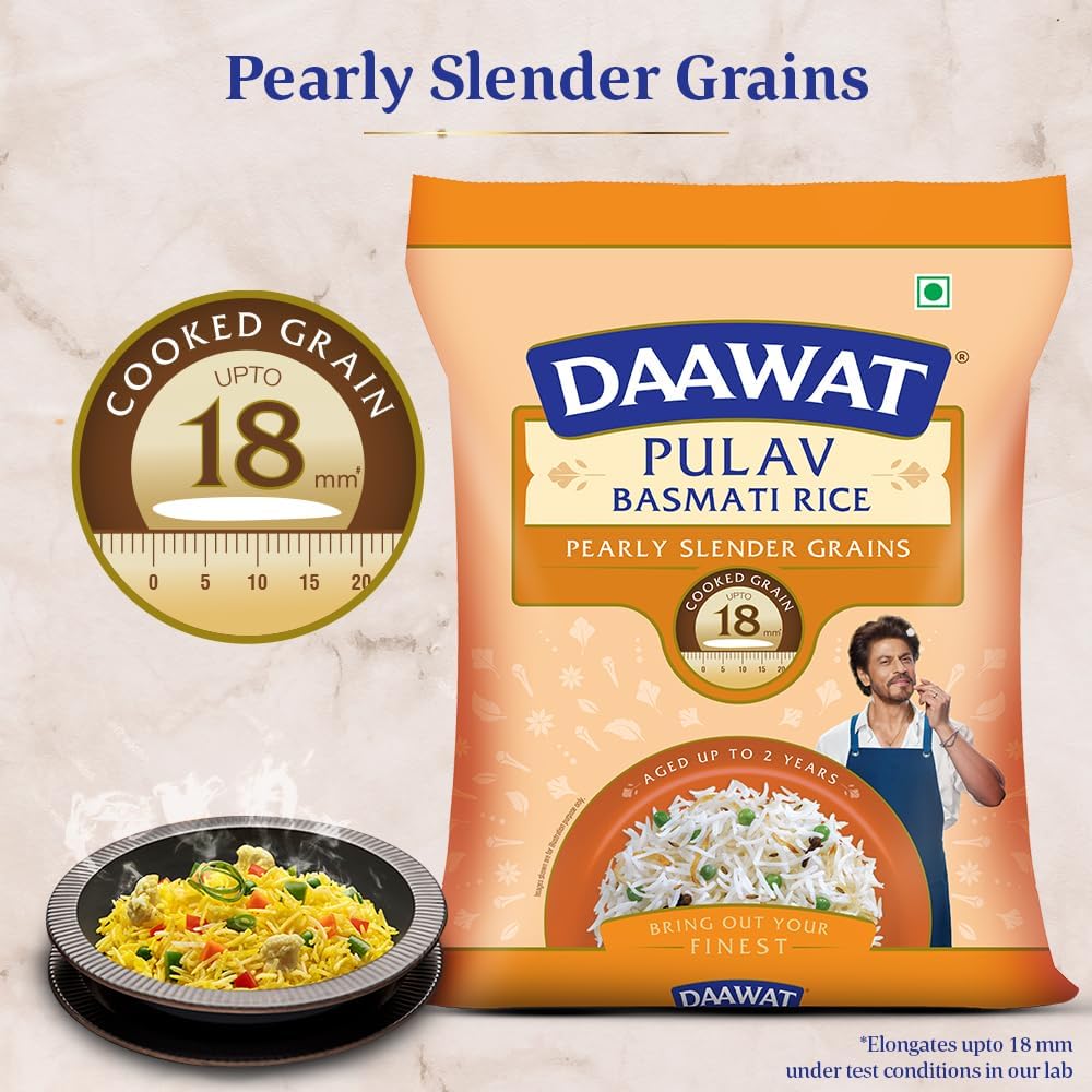 Daawat Pulav Basmati Rice | Naturally Aged Long & Slender Grains | Fluffy Non-Sticky Texture | Perfect for Pulav & Everyday Meals, 1 kg (2.2 lb)