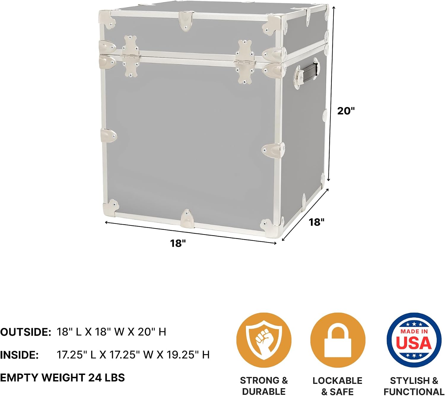 Rhino Classic Cube Trunk, College Dorm Footlocker & Home Storage End Table | 18"L x 18"W x 20"H, 1500+ lb Capacity, Baltic Birch Plywood, Nickel Plated Steel, Durable, Office Storage, Dorm Room