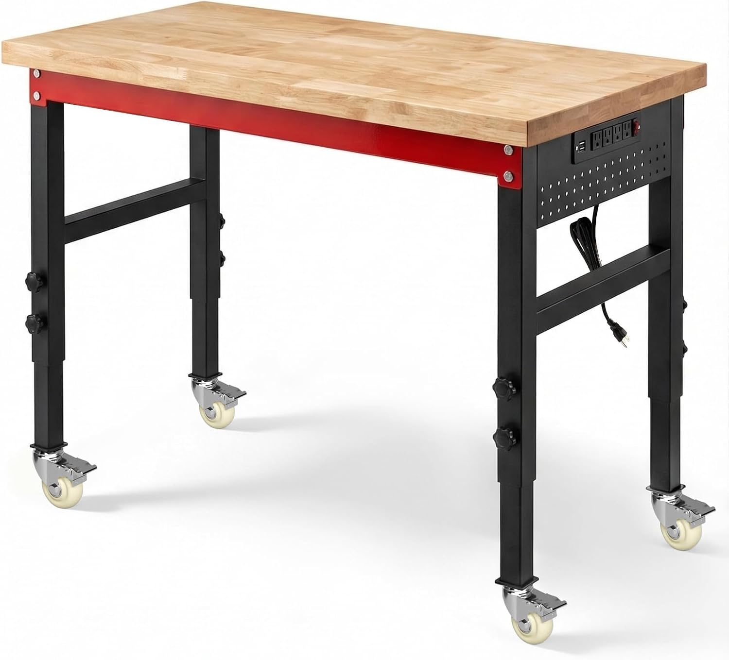 60" Heavy Duty Workbench, 2500 LBS Load Capacity Work Bench with 1.2" Laminated Oak Wood Top & Reinforced Steel Frame, Adjustable Height Work Table for Garage, Workshop, Office, Home (Casters)
