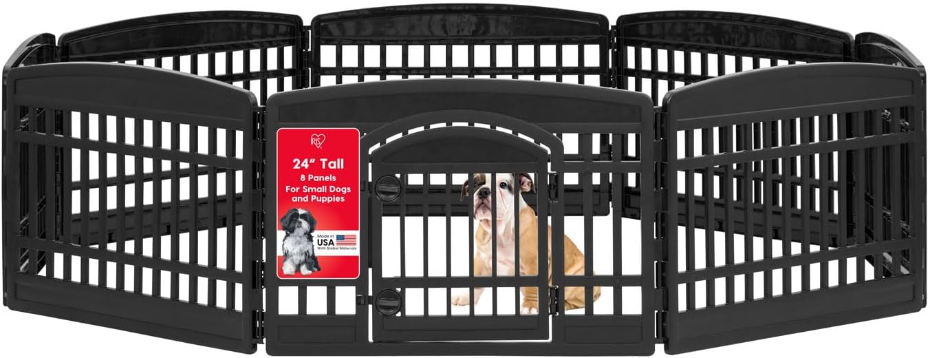 IRIS USA 4-Panel Dog Playpen, Pet Enclosure, Black | Pet Containment, Configurable Layout, Multi-Shape Setup, Custom Pen Configuration, Stable Non-Tip Base, Tool-Free Assembly