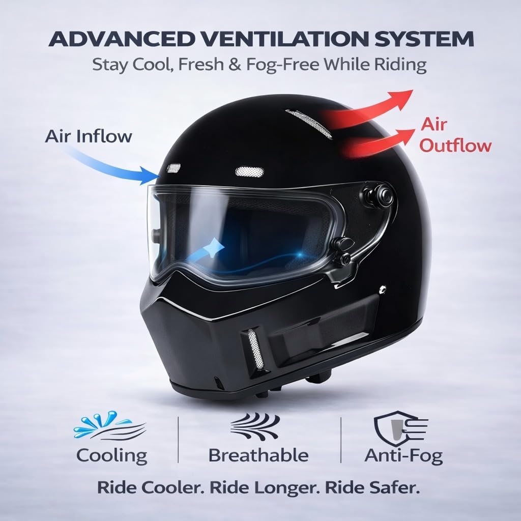 CRG Sports Retro Full Face Motorcycle Helmet, DOT Approved Fiberglass Street Bike Helmet with Clear Visor, Lightweight Cafe Racer Cruiser Motorcycle Helmet