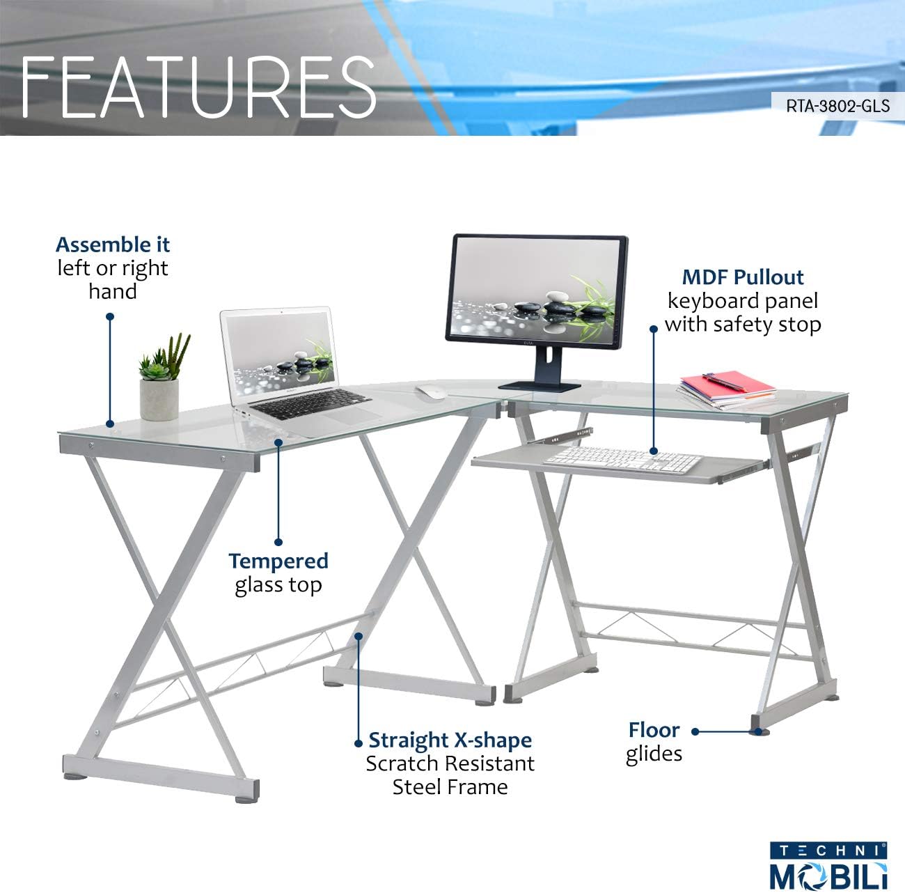Techni Mobili L Shaped Desk with Keyboard Tray & Tempered Glass Desktop | Home Office, Corner Desk, Work From Home, Professional