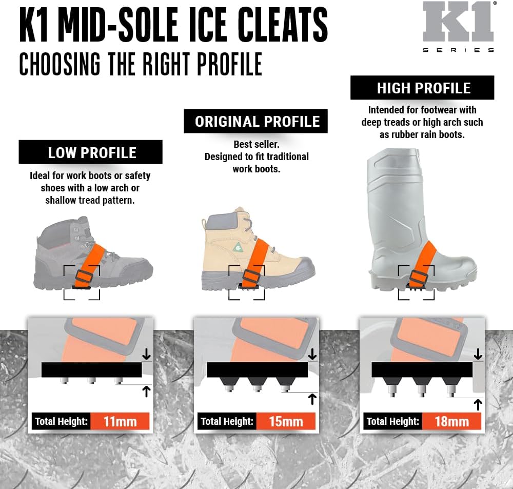 K1 Mid-Sole Ice Cleats for Men & Women - Rotatable Traction Aids For Winter Snow - Hi Vis - Low Profile